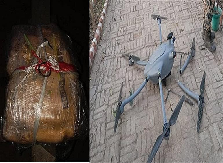 Punjab police in joint OPS with BSF busts cross-border smuggling module; Three held with 24.5Kg heroin, 21L drug money & multi-copter drone