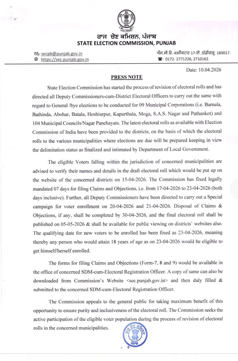 Punjab State Election Commission Begins Revision of Voter Lists for Punjab Civic Polls