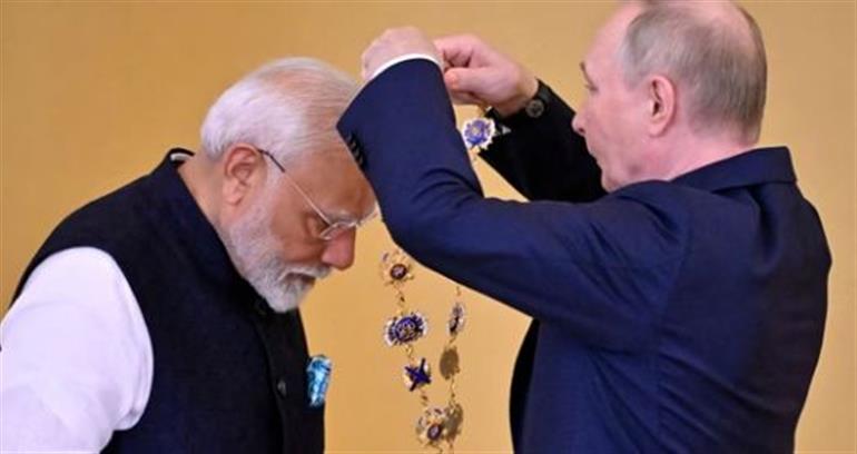 Putin awards Modi Russia's highest civilian honour for 'outstanding service'
