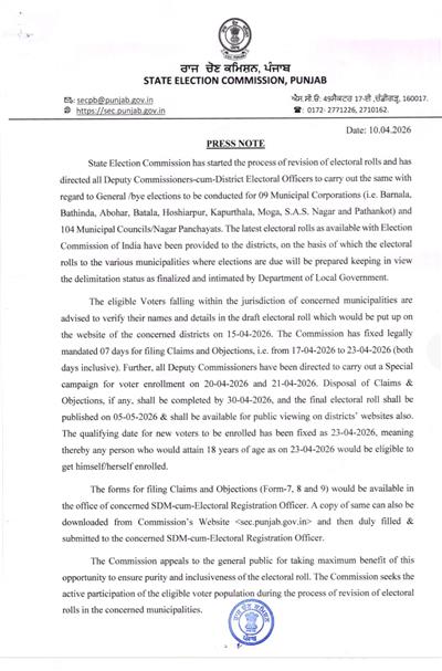 Punjab State Election Commission Begins Revision of Voter Lists for Punjab Civic Polls