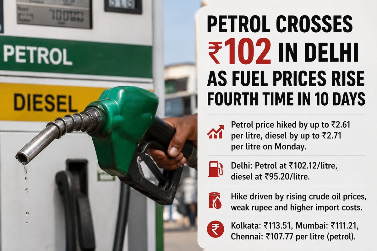 Petrol Crosses ₹102 in Delhi as Fuel Prices Rise Fourth Time in 10 Days