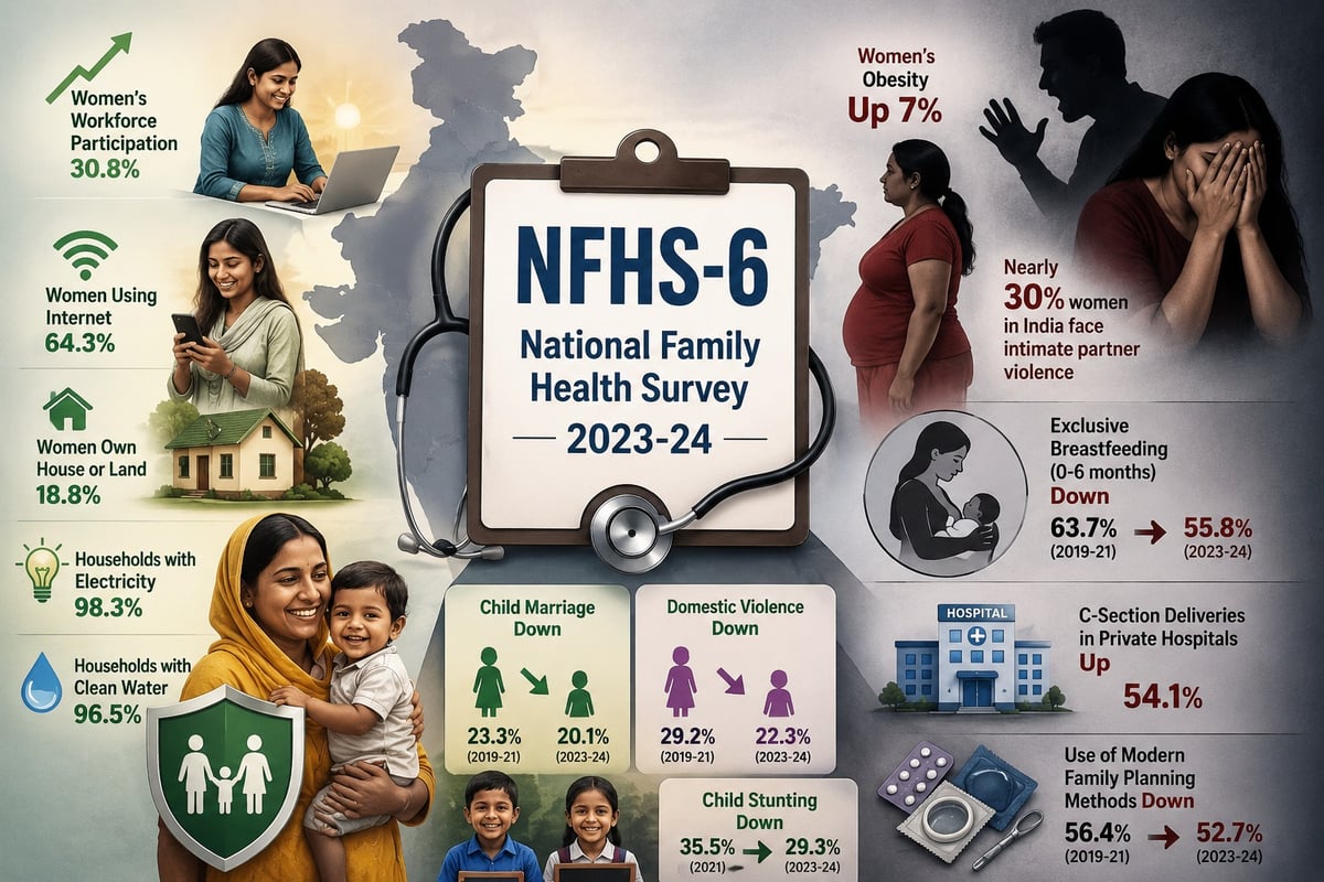 Women’s Obesity Up 7%, Domestic Violence Declines, Child Marriage Falls: Key Findings from NFHS-6