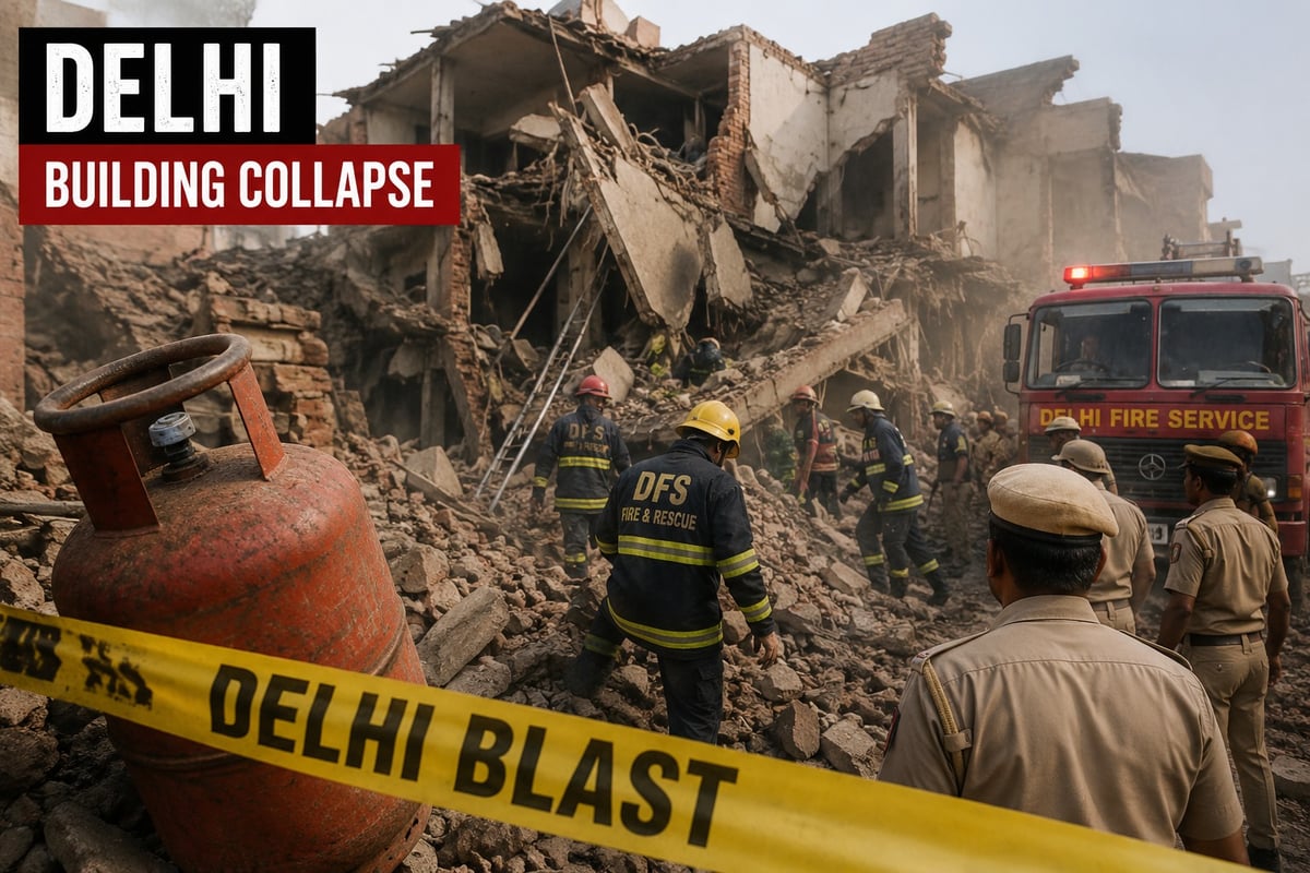 Delhi Building Collapse After Suspected Cylinder Blast; Six Injured, Rescue Operation Underway
