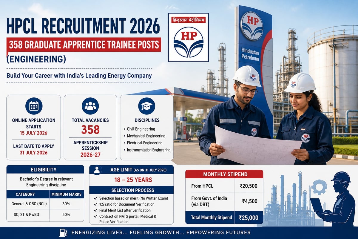 HPCL Invites Applications for 358 Graduate Apprentice Trainee Posts; No Written Exam