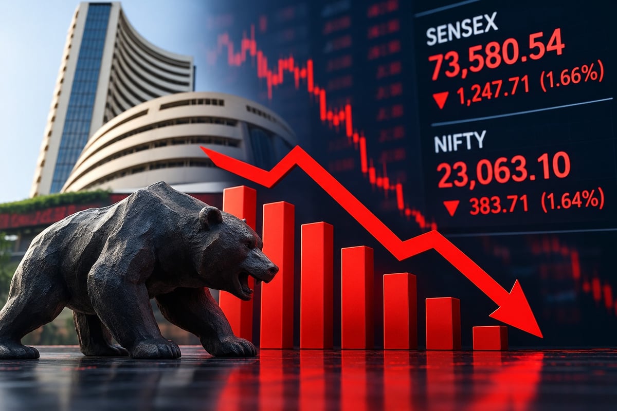 Sensex crashes 1,248 points, Nifty slips below 23,100 as bond yields surge