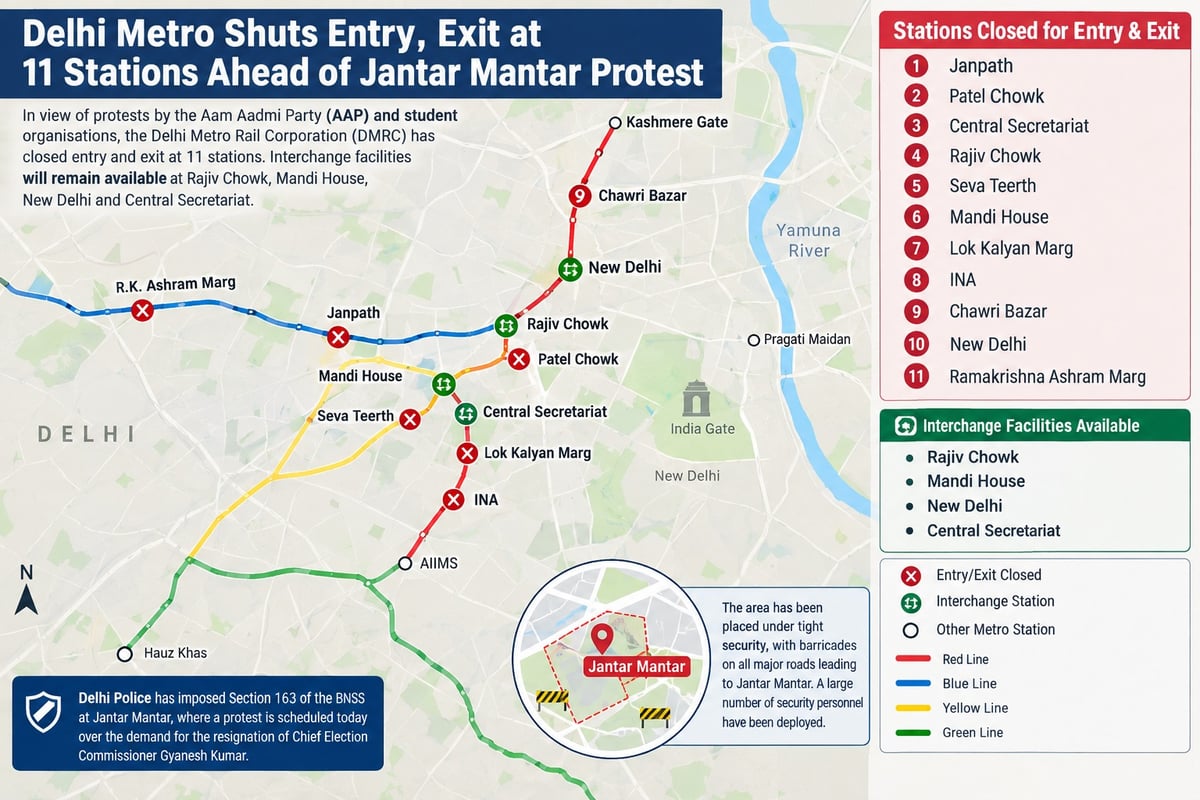 Entry-Exit closed at 11 Delhi Metro Stations ahead of protest