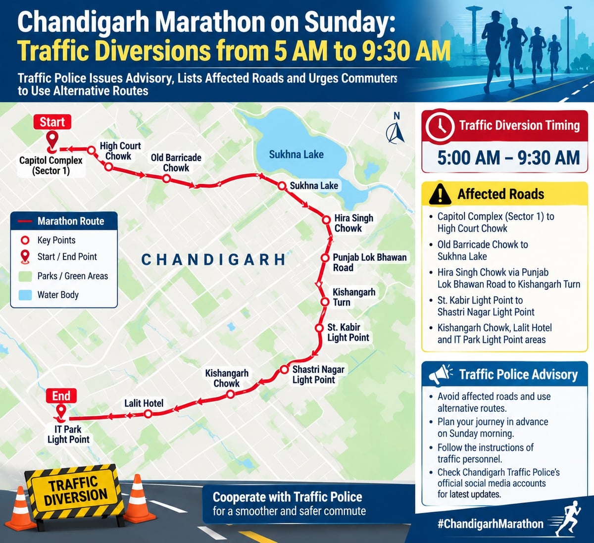 Chandigarh Police issues traffic advisory ahead of Sunday Marathon